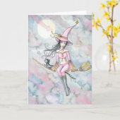 Carte rose de sorcière et de chat de Halloween (Fleur jaune)