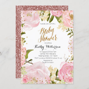 Carte Rose d'invitation au baby shower d'or