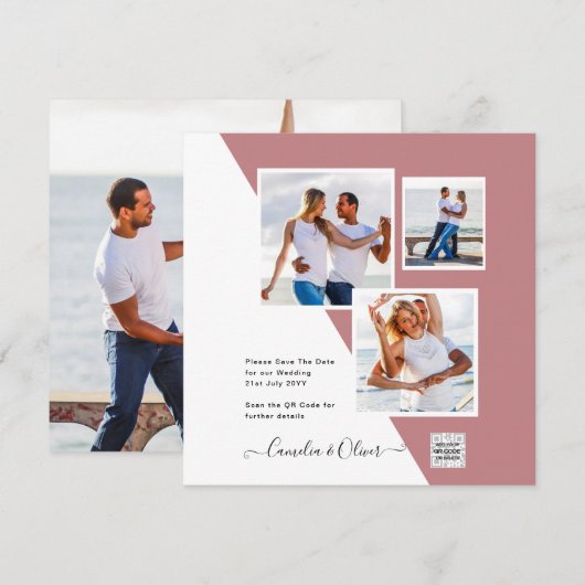 Carte Rose Dusty Photo Wedding Inviter QR Code Enregistr (Devant / Derrière)