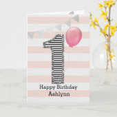 Carte Rose et argent 1er anniversaire fille (Fleur jaune)