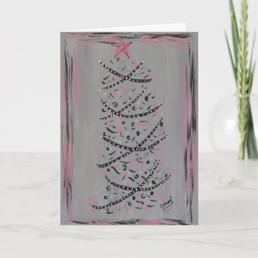 Carte rose et grise abstraite d'arbre de Noël (Devant)