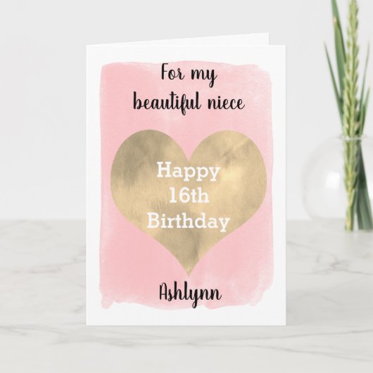 Carte Rose et or Joyeux 16ème anniversaire pour ma nièce (Devant)