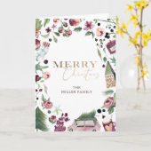 Carte rose et prune moderne joyeux noël photo pliée (Fleur jaune)