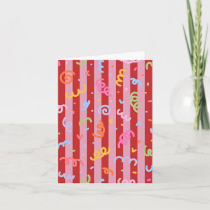 Carte Rose et rouge rayé, avec motif de confettis