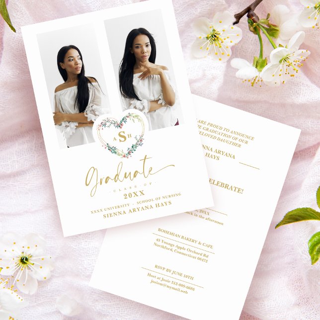 Carte Rose Fancy Graduate Romantique Floral Heart 2 Phot (Créateur téléchargé)