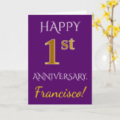 Carte Rose, Faux Or 1er Anniversaire de Mariage + Nom (Fleur jaune)