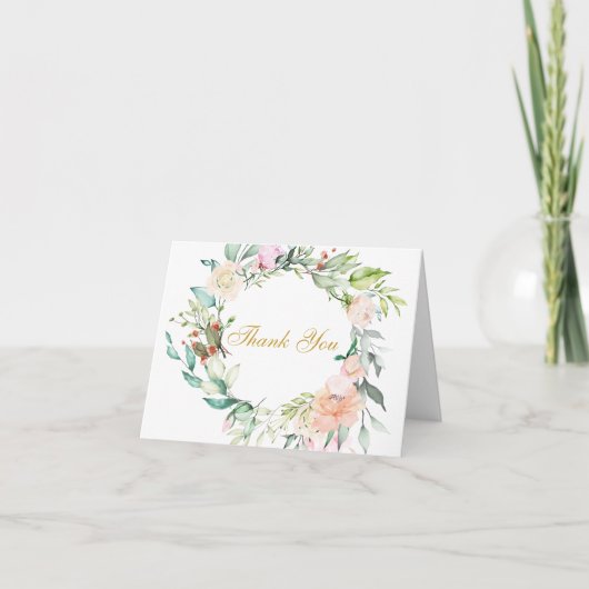Carte Rose Floral Green Gold Script Merci (Devant)