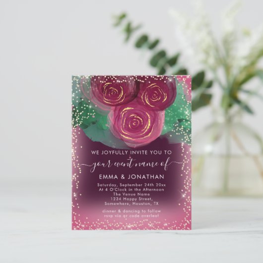 Carte Rose Floral QR Code Bourgogne Gold Marsala (Debout devant)