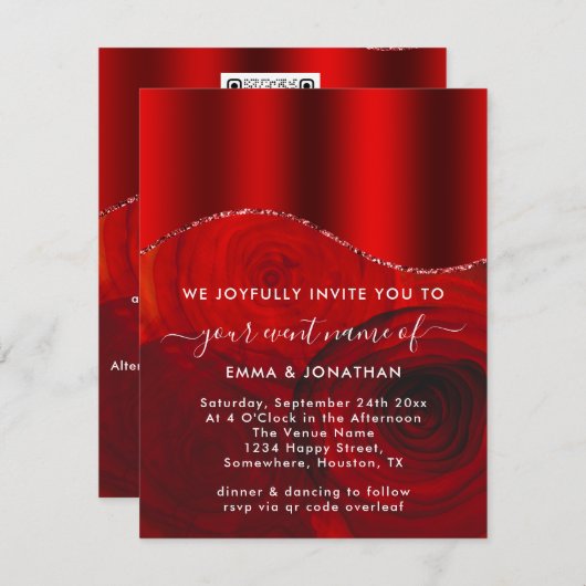 Carte Rose Floral QR Code Fleurs Roses Rouge Moderne (Devant / Derrière)