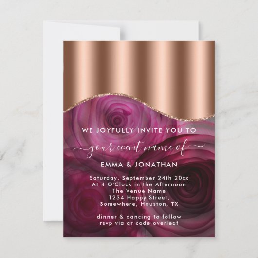 Carte Rose Floral QR Code Rose or cuivre Marsala rose (Devant)