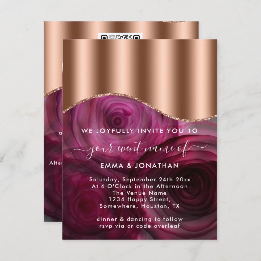 Carte Rose Floral QR Code Rose or cuivre Marsala rose (Devant / Derrière)