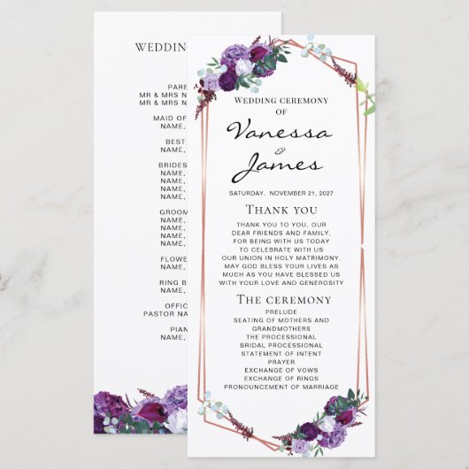 Carte Rose Floral violet or Mariage de cadre géométrique (Devant / Derrière)