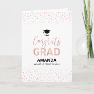 Carte Rose Gold & Confettis Blancs Félicitations Diplômé