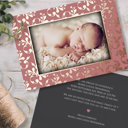 Carte rose Gold Faire-part de naissance Foil