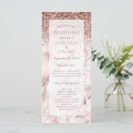 Carte Rose Gold Faux Parties scintillant Marbre programm (Debout devant)