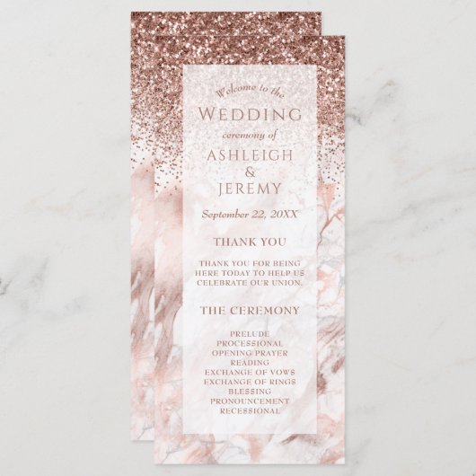 Carte Rose Gold Faux Parties scintillant Marbre programm (Devant / Derrière)