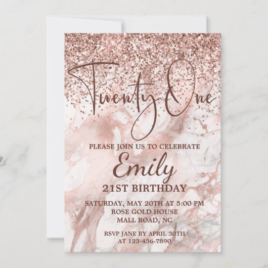 Carte Rose Gold Girly Parties scintillant Marbre 21e ann (Devant)