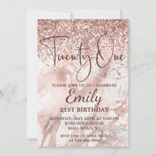 Carte Rose Gold Girly Parties scintillant Marbre 21e ann