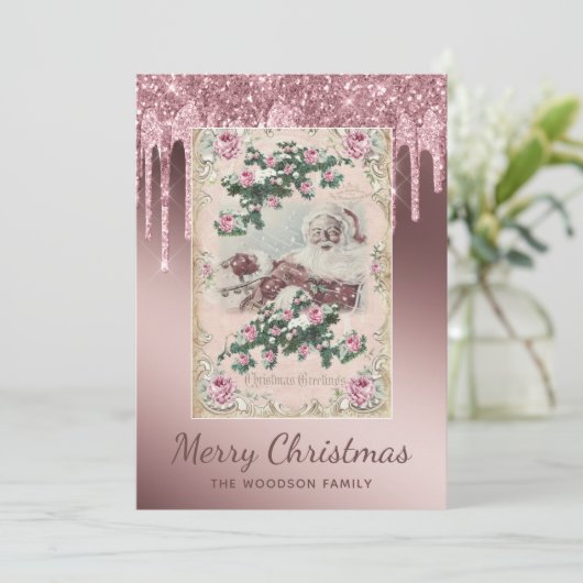 Carte Rose Gold Glitter Drip Noël (Debout devant)