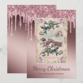 Carte Rose Gold Glitter Drip Noël (Devant / Derrière)