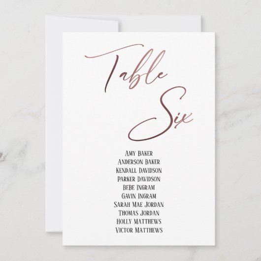 Carte Rose Gold Handwriting Table Six Seing Chart (Devant)
