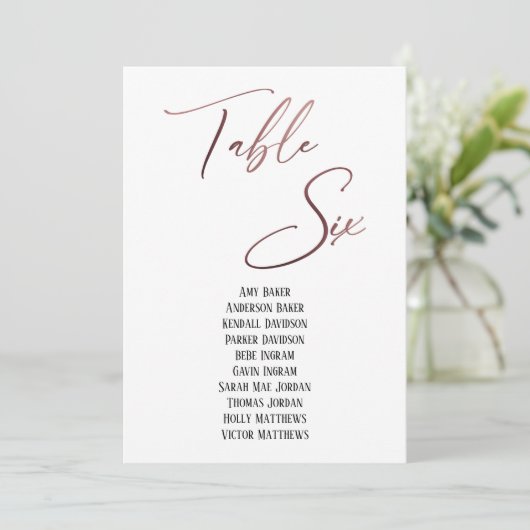 Carte Rose Gold Handwriting Table Six Seing Chart (Debout devant)