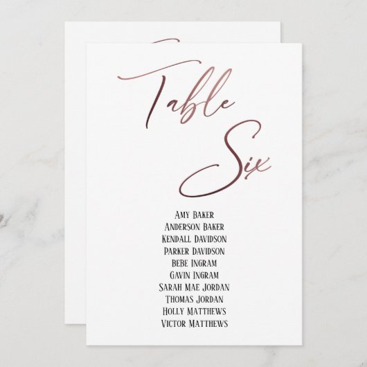 Carte Rose Gold Handwriting Table Six Seing Chart (Devant / Derrière)