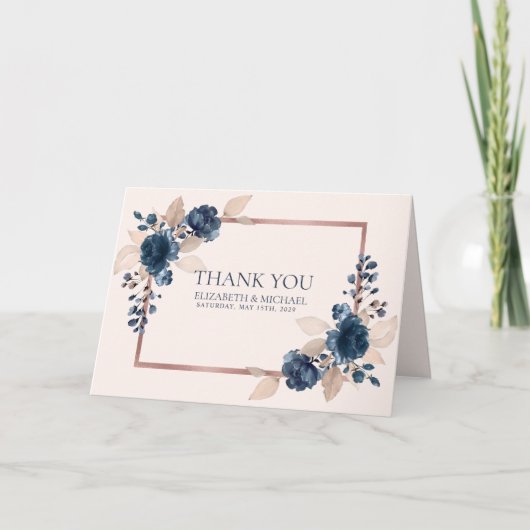 Carte Rose Gold Navy Blue Dusty Rose Floral Merci (Devant)