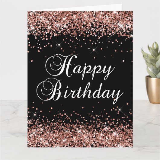 Carte Rose Gold Parties scintillant Noir Joyeux Annivers (Petite plante)