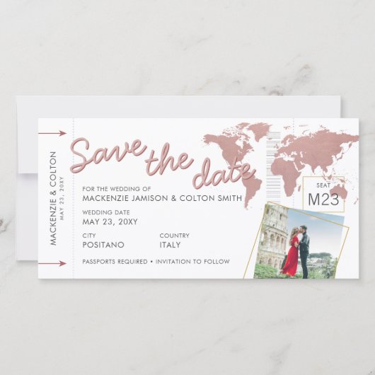Carte Rose Gold Pink Plane Ticket Destination Enregistre (Devant)