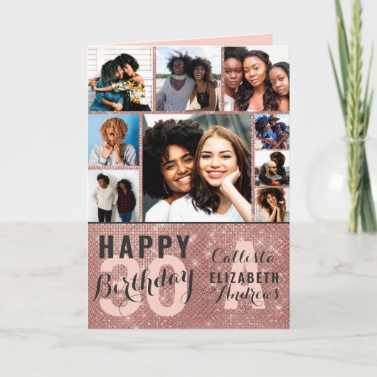 Carte Rose Gold Sequin Photo Collage Happy Birthday Card (Devant)