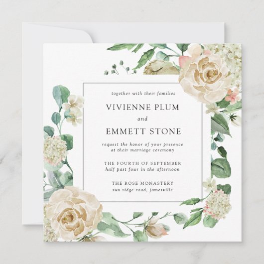 Carte Rose ivoire Hydrangea Floral Carré Mariage (Devant)