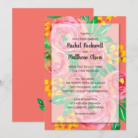 Carte Rose, Jaune, Corail Vivant Mariage Floral Invite (Devant / Derrière)