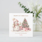 Carte Rose mignon Snowman Long Texte Première Fille Noël (Debout devant)