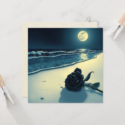 Carte Rose noir sur une plage avec Pleine lune (Devant/Arrière en situation)