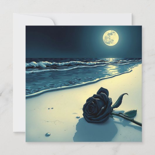 Carte Rose noir sur une plage avec Pleine lune (Devant)