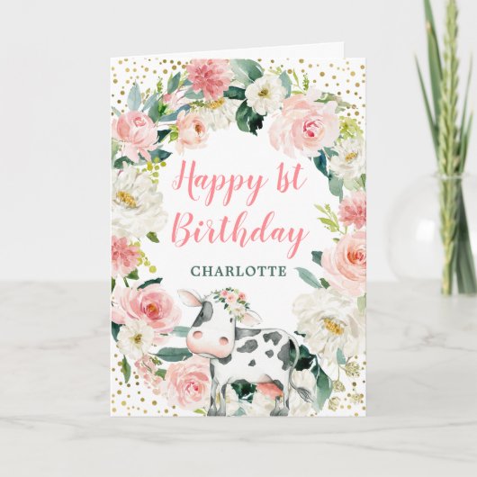 Carte Rose or Floral fille vache 1er anniversaire (Devant)