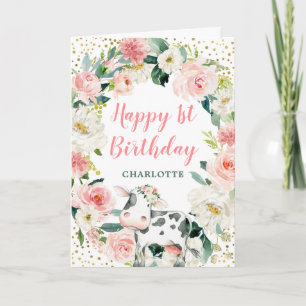 Carte Rose or Floral fille vache 1er anniversaire