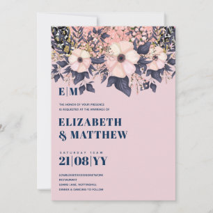 Carte Rose pâle bleu Rosegold Floral Mariage Chic