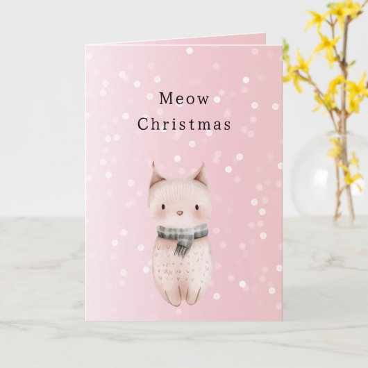 Carte Rose Pâle Chat Confettis Points Noël (Fleur jaune)