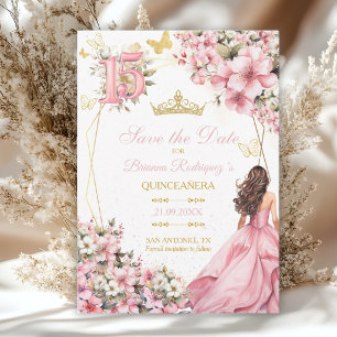 Carte Rose Pâle Floral Papillons Dorés Quinceañera