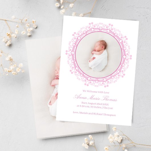 Carte Rose Pâle Photo de Bébé Floral Naissance Script