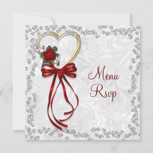 Carte Rose romantique, Diamants et Ruban Rouge Mariage (Devant)