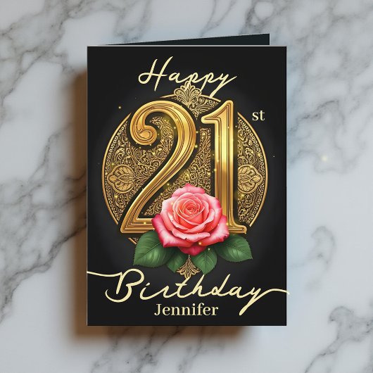 Carte Rose rose et Filigree or Numéro 21e anniversaire