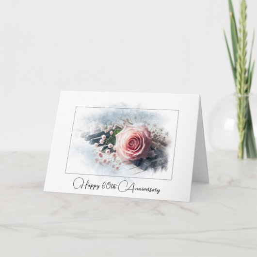 Carte Rose rose sur piano pour le 60e anniversaire (Devant)