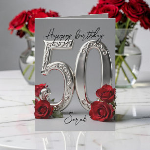 Carte Rose Rouge Élégante Argent 50e Anniversaire de Nai