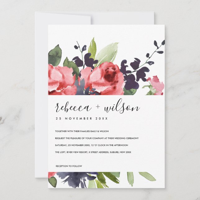 CARTE ROSE ROUGE PEONY MARIAGE DE BUNCH FLORAL WATERCOLO (Devant)