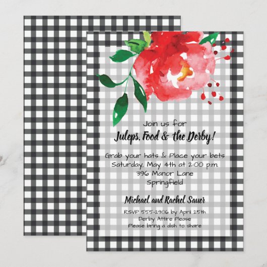 Carte Rose rouge sur Black Check KY Derby Party Invitati (Devant / Derrière)