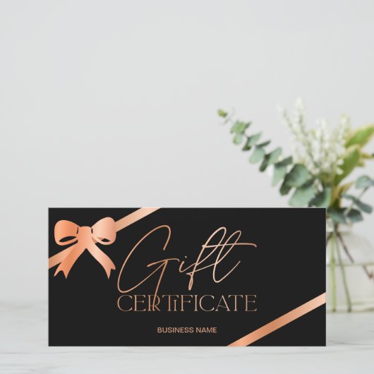 Carte Rose ruban en feuille d'or noir logo cadeau certif (Debout devant)