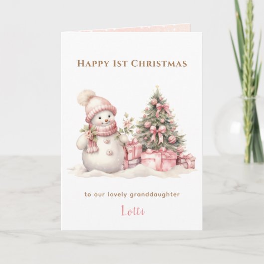 Carte Rose Vintage Snowman Girl First Christmas Folle (Devant)
